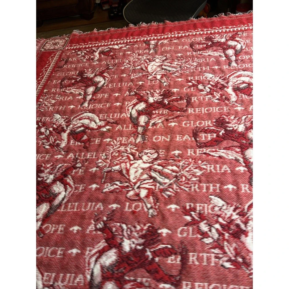 Vintage 90s Christmas Tapestry Blanket Red Angel Cherub Rejoice Peace on‎ Earth